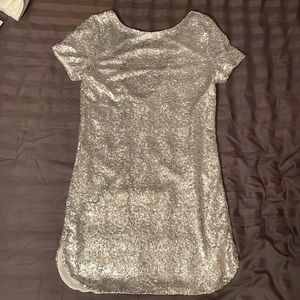 Silver sequin T-shirt, dress size small, pink, lily cute back cut out